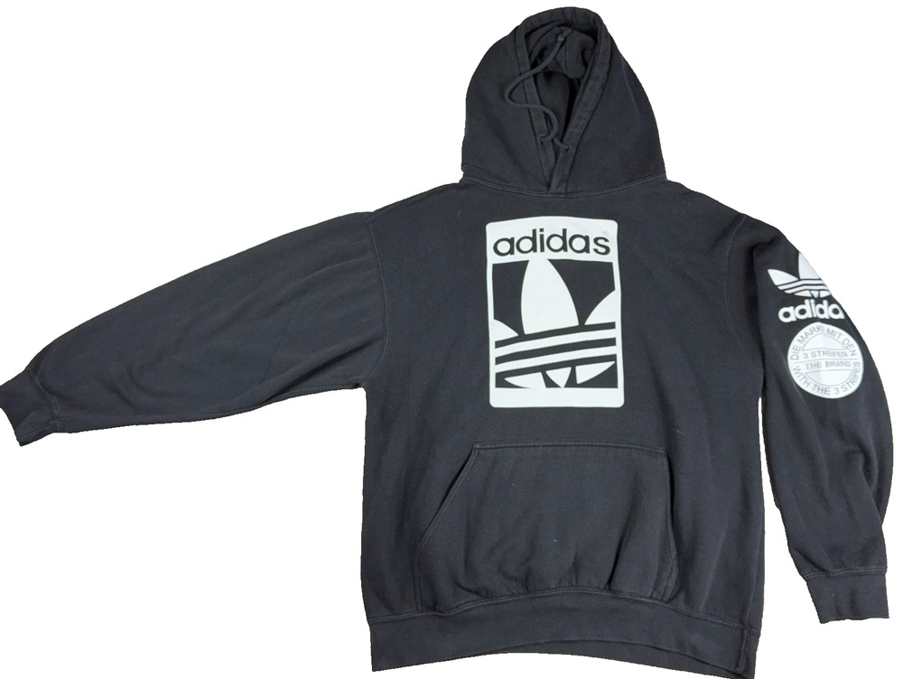 Adidas Originals Hoodie Mens M Black Trefoil 3 Stripes Sleeve Graphic Pullover